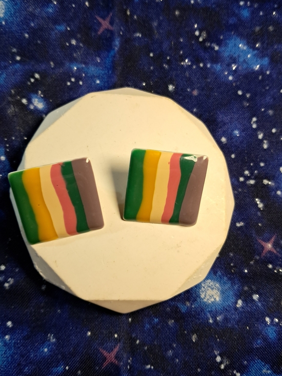 Jewelry - Vintage Colorful Geometric Striped Square Stud Earrings (Silvertone)